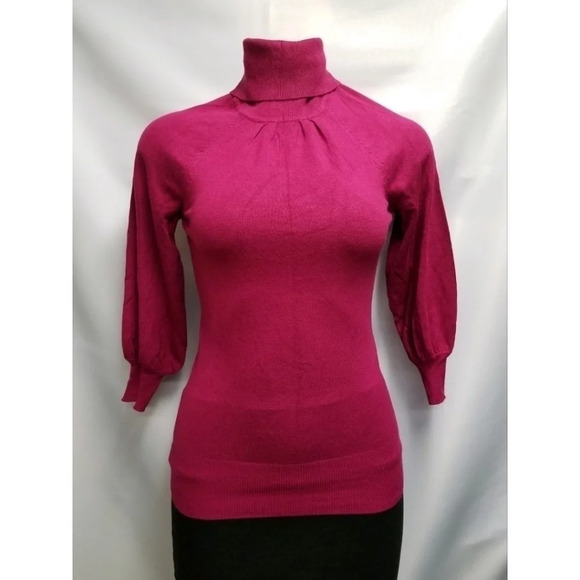 Express Raspberry Bell Sleeve Microribbed Trim Turtleneck Rayon Sweater XS Y2K - Picture 1 of 6